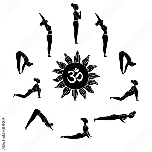 Woman doing yoga exercises surya namaskar/sun salutation.