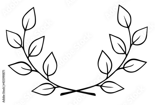 Two intersecting twigs with leaves. Hand drawn laurel wreath doodle black outline. Design element divider for postcard business card invitation. Stock vector illustration isolated on white background.