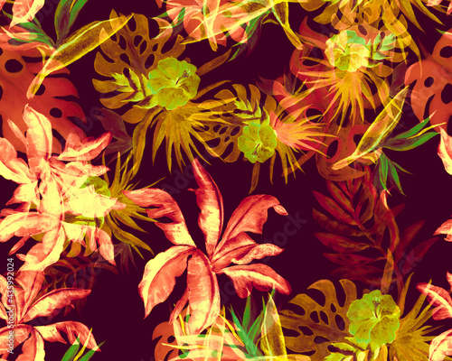 Autumn Seamless Set. Orange Banana Leaf Textile. Red Tropical Textile. Yellow Pattern Decor. Floral Wallpaper.Monstera Illustration. Summer Texture.Floral Decor