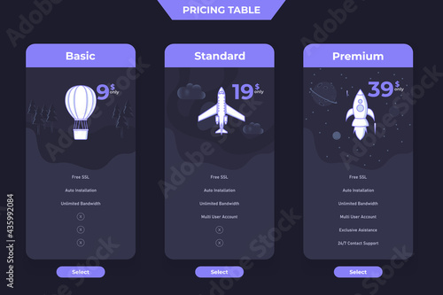 3 Plan Pricing Table Template Design, Dark Theme Illustration