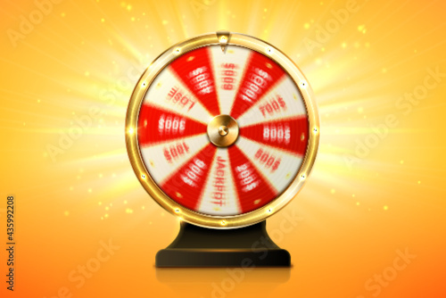 Fortune wheel spin, casino lucky roulette game of chance with money prizes, lose and jackpot win sectors. Gambling lottery or raffle online entertainment, amusement, Realistic 3d vector illustration