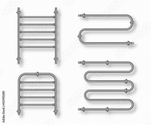 Towel rails for home bathroom and toilet room. Dryer with steel pipes, chrome radiators isolated on transparent background. Vector realistic set of 3d metal towel heaters hanging on wall