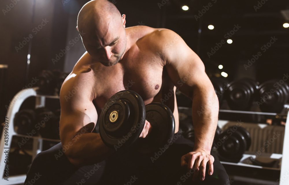 Muscular man with naked torso working out in gym doing exercises with dumbbell at biceps, strong male. Sunlight. Fitness crossfit bodybuilding concept Muscular man with naked torso working out in gym doing exercises with dumbbell at biceps, strong male. Sunlight. Fitness crossfit bodybuilding concept