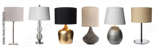 Fotografija Collage with different stylish night lamps on white background