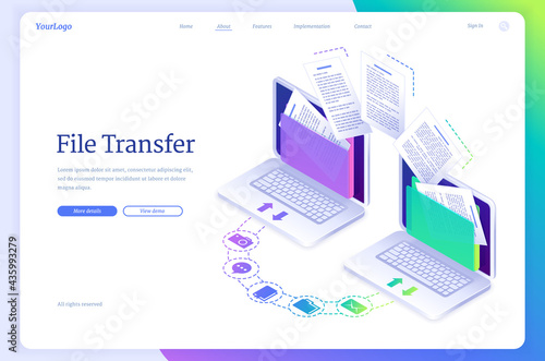 File transfer isometric landing page, digital data migration between computers. Transmission service for private information exchange, gadgets connected in computing network system, 3d vector banner