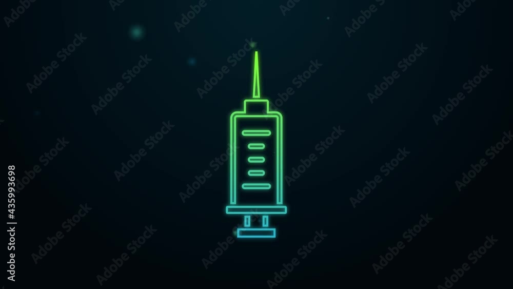 Glowing neon line Syringe icon isolated on black background. Syringe for vaccine, vaccination, injection, flu shot. Medical equipment. 4K Video motion graphic animation Glowing neon line Syringe icon isolated on black background. Syringe for vaccine, vaccination, injection, flu shot. Medical equipment. 4K Video motion graphic animation