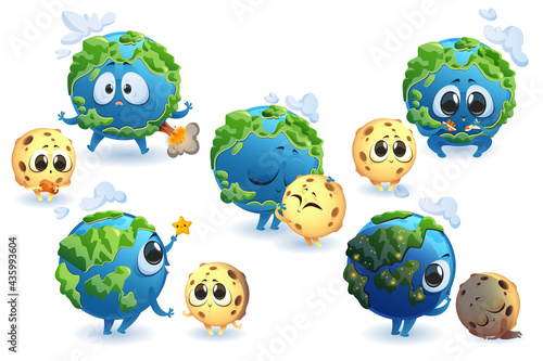 Cute planet Earth and Moon characters in different poses isolated on white background. Vector set of cartoon funny planet and satellite smile, embrace, sleep and play. Earth with volcano and clouds