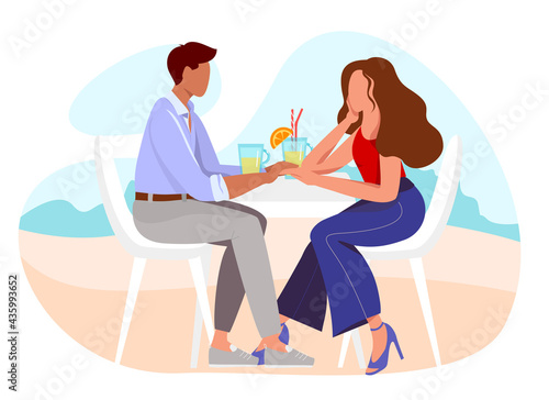 Young couple in love sitting at the table drink summer beverages. Happy man and woman spending time together in summer. Yoong people resting and enjoying on romantic date . Flat vector illustration 