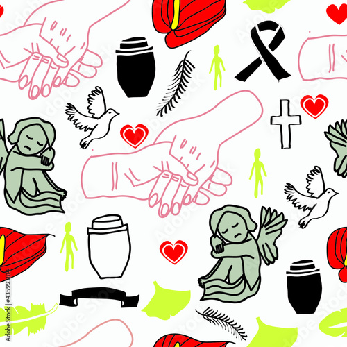 Passing away, RIP and funeral background seamless pattern. Silhouette hand in hand, caskin, cross, symbols as graveyard angel, gingko leave, heart, anturie, weeper. Vector illustration.