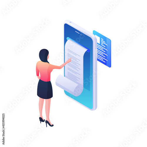 Online statement with document isometric illustration. Female character analyzes sheet of web records received from smartphone application. Accounting and financial income data vector concept.