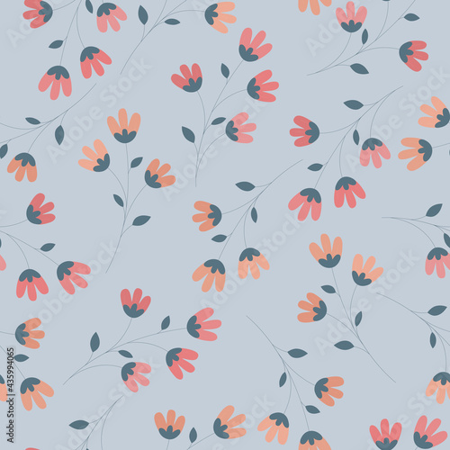 Wallpaper Mural Seamless floral pattern. Red and orange flowers on a blue background. Perfect for fabric design, wallpaper, cover art, gift packaging. Torontodigital.ca