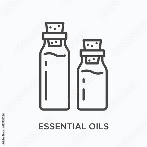Essential oil flat line icon. Vector outline illustration of two glass bottle. Black thin linear pictogram for liquid cosmetic
