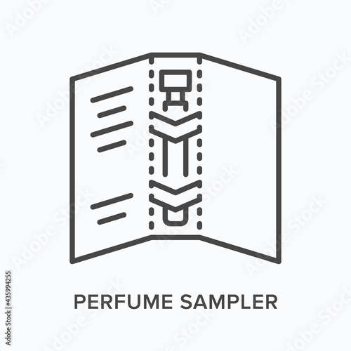 Perfume sampler flat line icon. Vector outline illustration of small bottle. Black thin linear pictogram for cosmetic tester