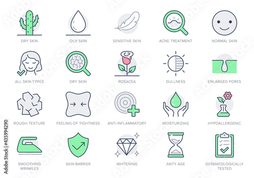 Cosmetic properties line icons. Vector illustration include icon - cream, collagen, anti aging effect, rosacea, wrinkle, outline pictogram for skincare product. Red and Green Color, Editable Stroke photo