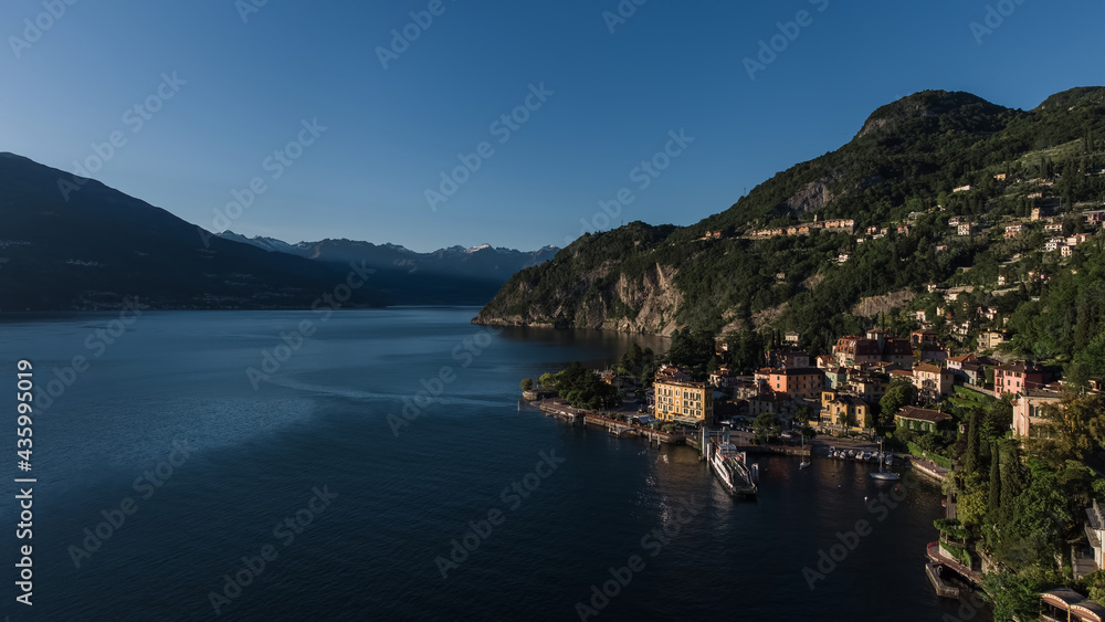 North part of Lake Como seen from Varenna city aerial view.