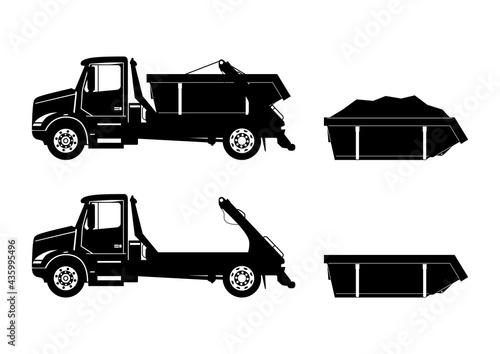 Silhouettes of a skip truck with containers. Side view. Flat vector.