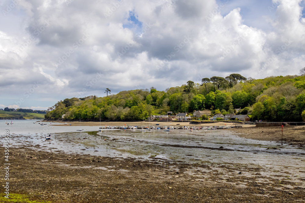 HELFORD, CORNWALL, UK - MAY 14 : View from Helford Creek at low tide in Helston, Cornwall on May 14, 2021