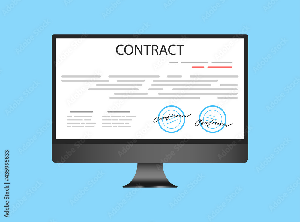 Electronic contract or digital signature concept in vector illustration. Online e-contract document sign via desktop PC. Website or webpage layout template. Electronic contract or digital signature concept in vector illustration. Online e-contract document sign via desktop PC. Website or webpage layout template.