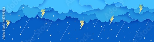 Rain thunder lightning and clouds in the paper cut style. Vector storm weather concept with falling water drops from the cloudy sky and flash. Storm papercut background horizontal banner.