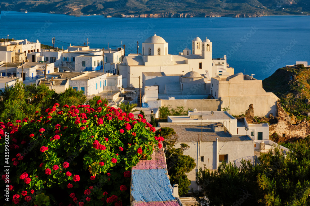 Naklejka premium Picturesque scenic view of Greek town Plaka on Milos island over red geranium flowers
