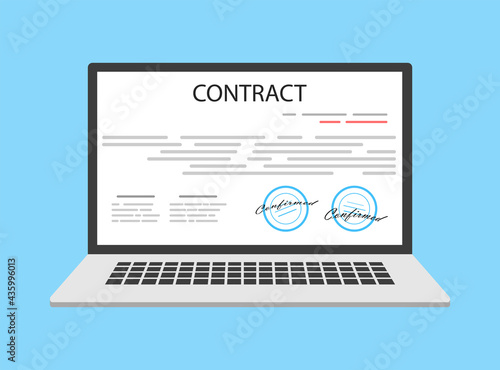 Online electronic smart contract document on laptop, paper document, signature on computer screen