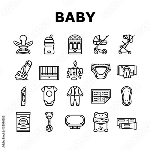 Baby Shop Selling Tool Collection Icons Set Vector. Baby Diaper And Sterilizer Bottles Device, Newborn Educational Toy And Carousel Per Crib. Black Contour Illustrations