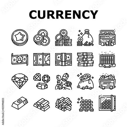 Currency Video Games Collection Icons Set Vector. Playing Money Banknotes And Coin Steak, Gambling Gaming Smartphone Application Black Contour Illustrations