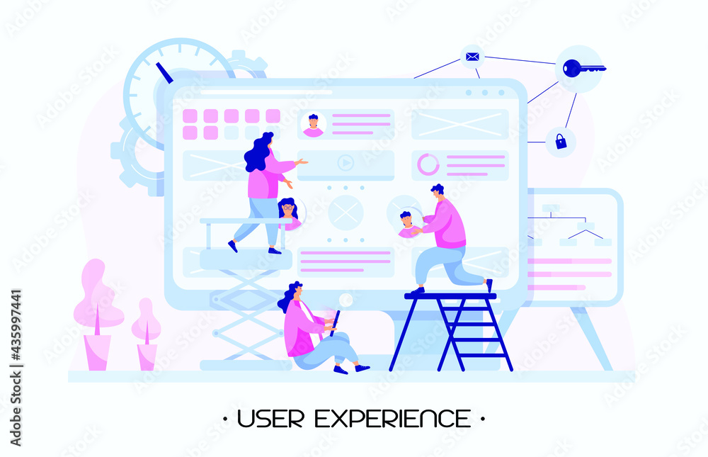 The user experience team testing user personas and analyze user flow. A/B testing, research and development. Modern user interface and design, customer journey. Flat people vector illustration. Vector The user experience team testing user personas and analyze user flow. A/B testing, research and development. Modern user interface and design, customer journey. Flat people vector illustration. Vector