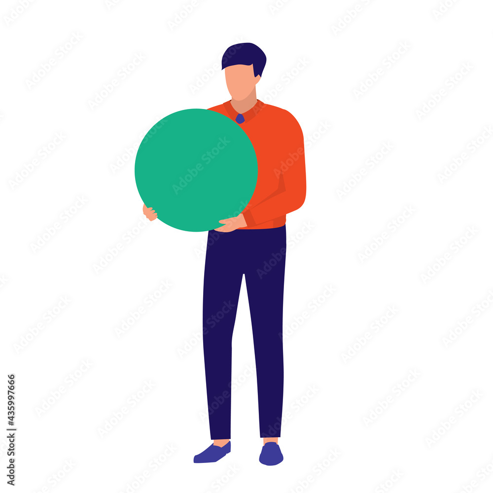 Young Man Holding Holding A Circle Blank Sign. Notice And Announcement Concept. Vector Flat Cartoon Illustration. Man With Empty Placard.