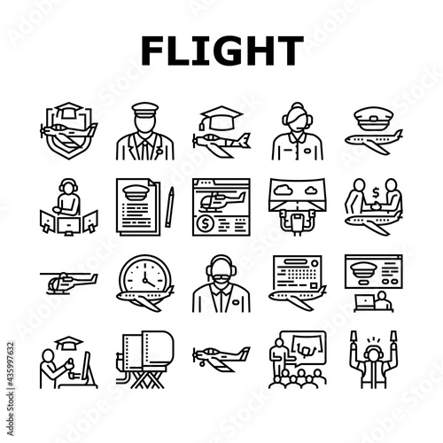 Flight School Educate Collection Icons Set Vector. Flight Courses Education For Prepare Pilot And Air Navigator, Dispatcher And Steward Black Contour Illustrations
