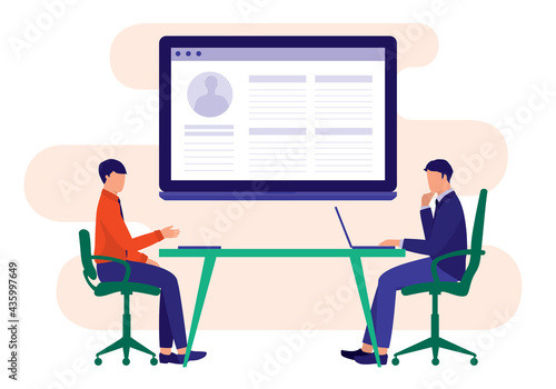 Manager Having An Interview With A Job Applicant. Job Interview Concept. Vector Illustration Flat Cartoon. Male Candidate Introducing Himself In An Interview.