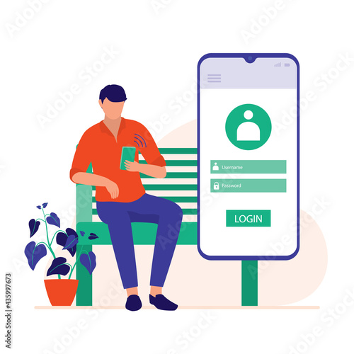 Man Logging In Using His Mobile Phone In The Park. Login Concept. Vector Illustration Flat Cartoon. Young Man Sitting On The Bench Looking At His Phone.