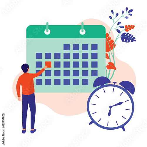 Man Marking A Date On The Calendar With Reminder Alarm. Time Management Concept. Vector Illustration Flat Cartoon. Man Making Plan. 