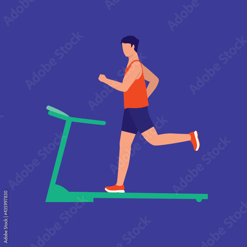 Slim Man Running On Treadmill. Fitness Concept. Vector Flat Cartoon Illustration. Young Man Exercising.