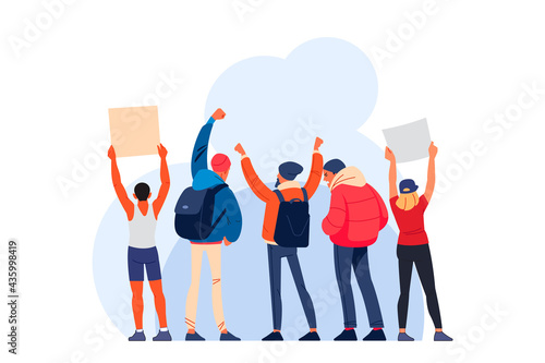 A rear view of people holding placards and placards about a global strike for climate change or a picket against human rights violations. Cartoon characters of vector illustration, isolated on white