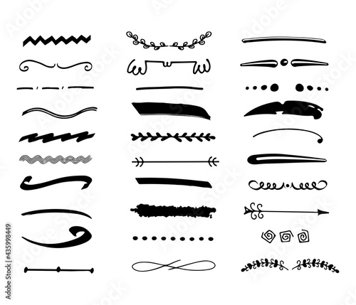 Hand drawn text delimiters set. Paragraph separators. Deviders collection in doodle style. Vector deviding lines.