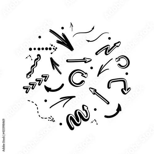 Hand drawn set of arrows isolated on white background. Vector illustration of pointer icons. Doodle style