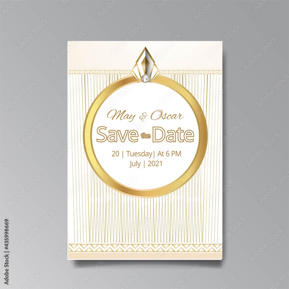 Art Deco, Art Nuevo wedding invitation, golden, white light beige luxury elegant retro style.