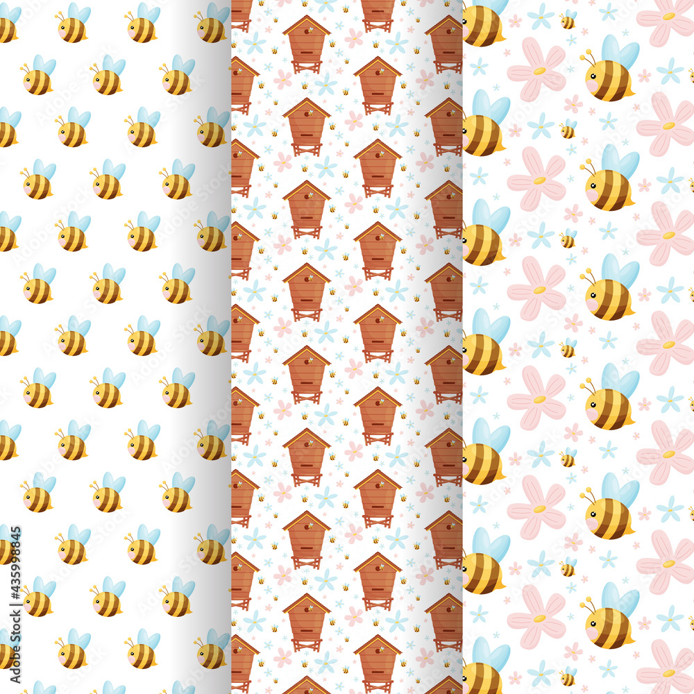 Bees seamless patterns set. Vector illustration Bees seamless patterns set. Vector illustration