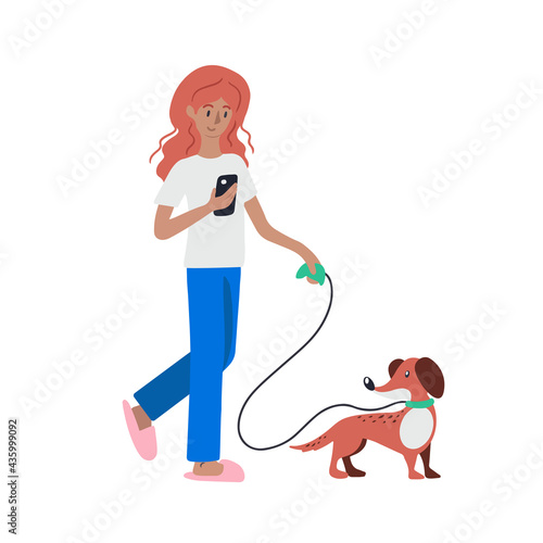 Girl walking with dog and surfing in internet isolated on white background