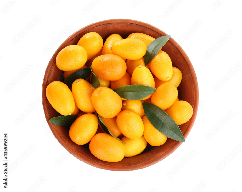 Fresh ripe kumquats with leaves in bowl on white background, top view. Exotic fruit Fresh ripe kumquats with leaves in bowl on white background, top view. Exotic fruit