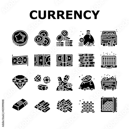 Currency Video Games Collection Icons Set Vector. Playing Money Banknotes And Coin Steak, Gambling Gaming Smartphone Application Glyph Pictograms Black Illustrations