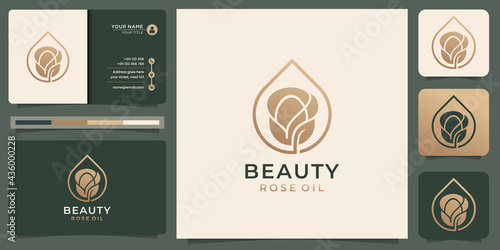 beauty rose oil logo. beauty flower rose concept with drop line art style luxury design. logo and business card template. Premium Vector