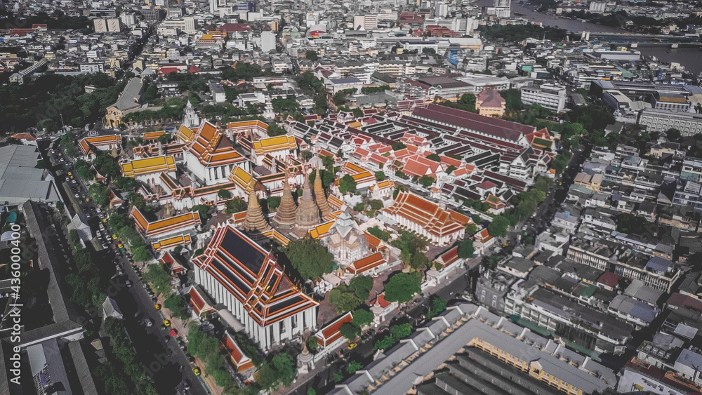 Temples from above, Grand Palace, Wat Pho, Wat Arun, in Bangkok in thailand
