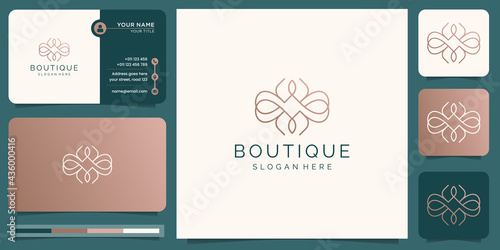 minimalist Boutique logo design and business card template. creative concept with line art style. good use for spa, boutique, salon & spa, fashion. Premium Vector