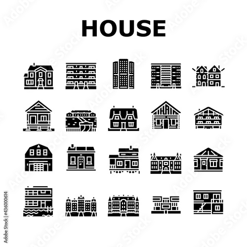 House Constructions Collection Icons Set Vector. Townhome House And Mobile Home, Villa And Palace Building, Apartment And Residence Glyph Pictograms Black Illustrations