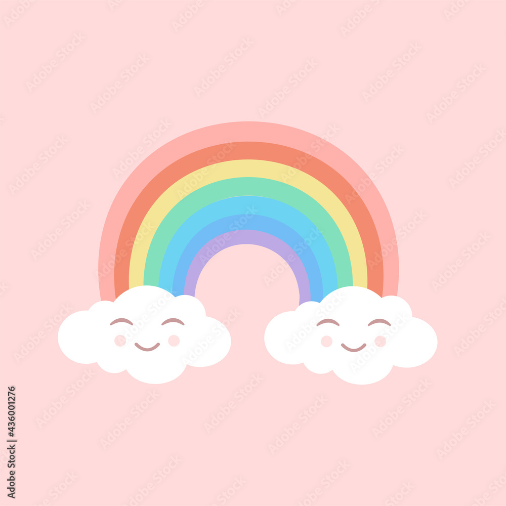 Rainbow with cute clouds on isolated pink background. Vector illustration for fabrics, textures, wallpapers, posters, stickers, postcards. Childish fun print.