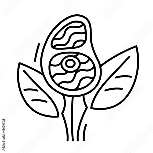 Plant based meat concept. Vegan product. Steak and leaves isolated on white background. Organic natural vegetarian food. Black line vector.