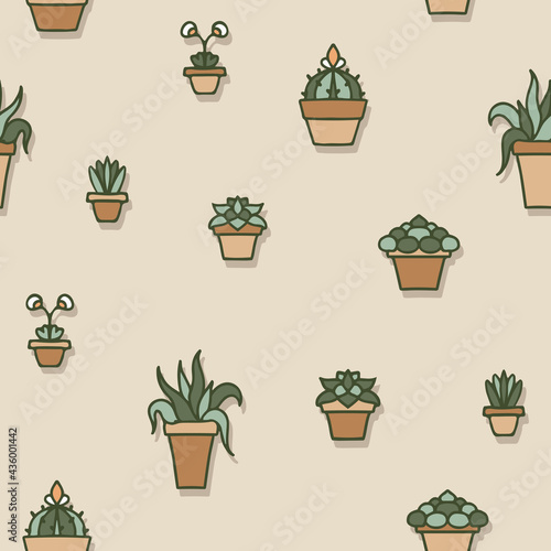 Vector House Plants in Terracotta Pots on Beige seamless pattern background. Perfect for fabric, scrapbooking and wallpaper projects.