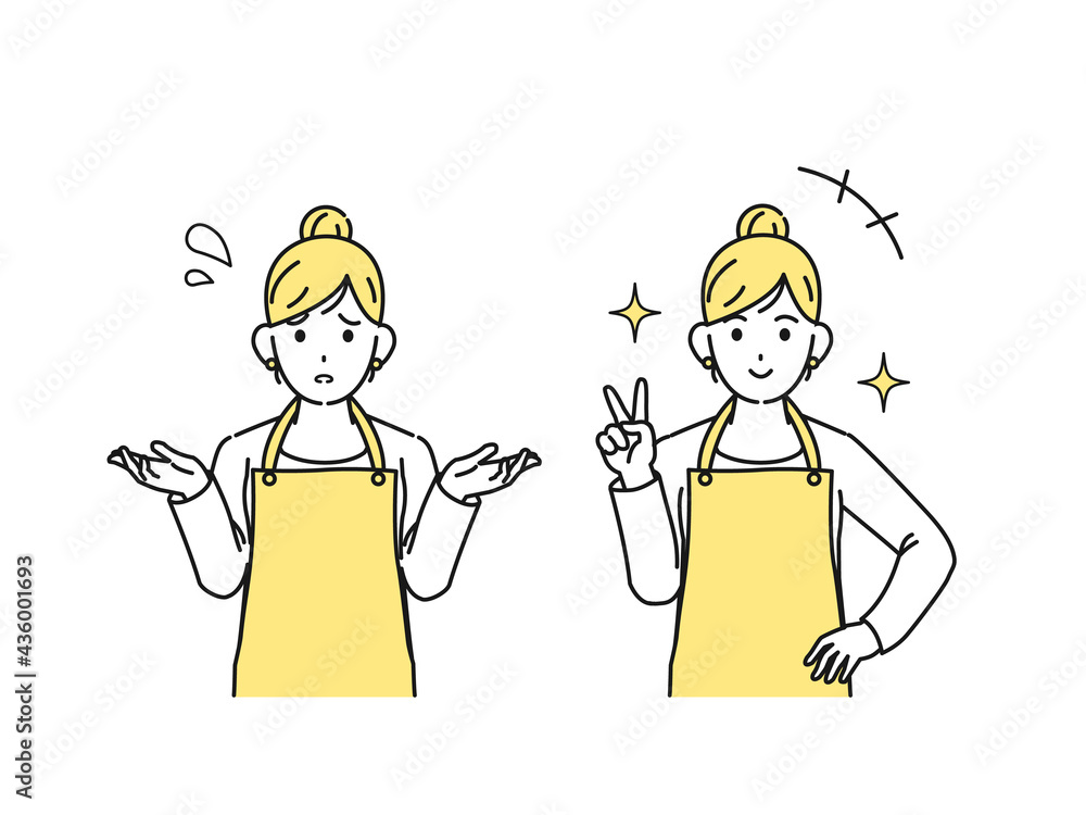 主婦　困る仕草　ポーズ　ピースサイン　女性　上半身　イラスト素材